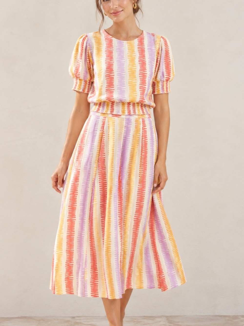 Compañía Fantástica Colorful Pastel Line Striped Print 2-Piece Top & Midi Skirt